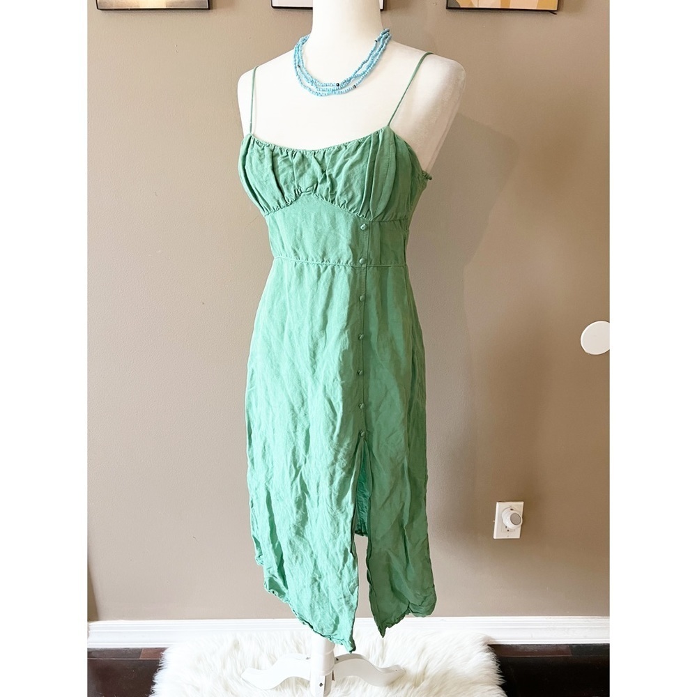 Zara Linen Blend Green Slit Spaghetti Strap Dress